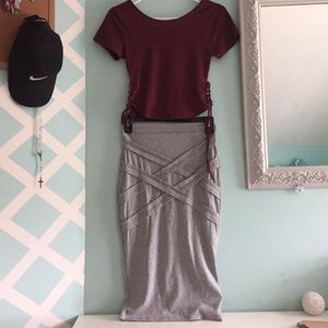 Cute maroon color crop top with a grey midi skirt