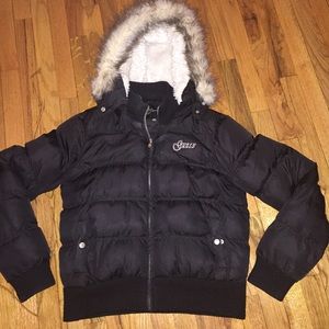 Black Guess Puffer Coat with faux fur hood.