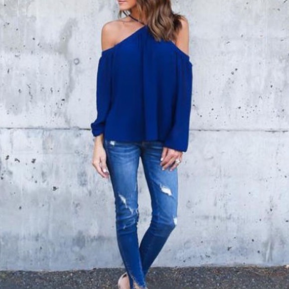Tops - Last One!! Blue Off-the-Shoulder Long Sleeve Top