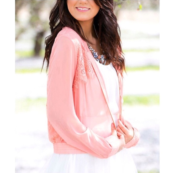 Lace-adorned chiffon bomber jacket