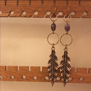 Purple Bead Drop Leaf Earrings