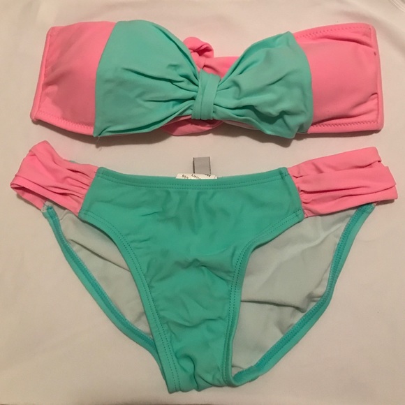 strapless pink and blue bow swimsuit small