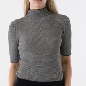 Short sleeve Mock Neck Striped Sweater Tee