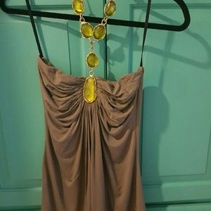 Sky Halter Top. Taupe w Emerald Jeweled Neckline S