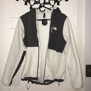 White and grey North Face W Denali 2 jacket.