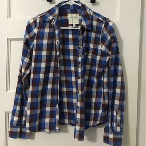 Brown blue and white flannel. Kids XL