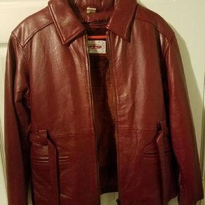 Red leather jacket.