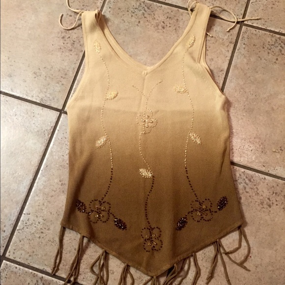 Fringe Beaded Brown & Tan Sleeveless Top S Small