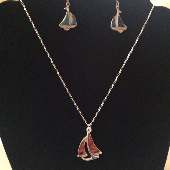 Silver Red Boat Necklace & Blue Boat Earrings