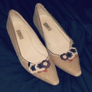 Auth PRADA tan tweed woven linen flats sz 36