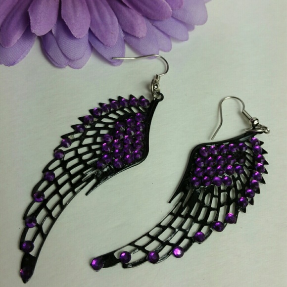 Black Angel Wings Earrings Purple Rhinestones