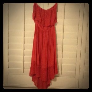 Strapless high-low dress with sheer lace details