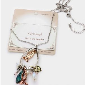 Pink ribbon & multi-charm pendant long necklace