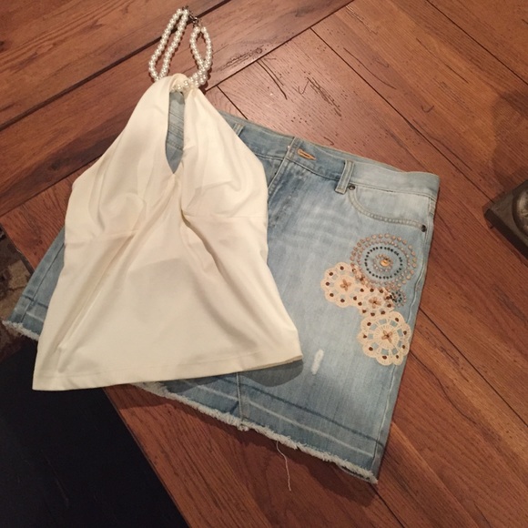 Denim Skirt  Beaded Accents