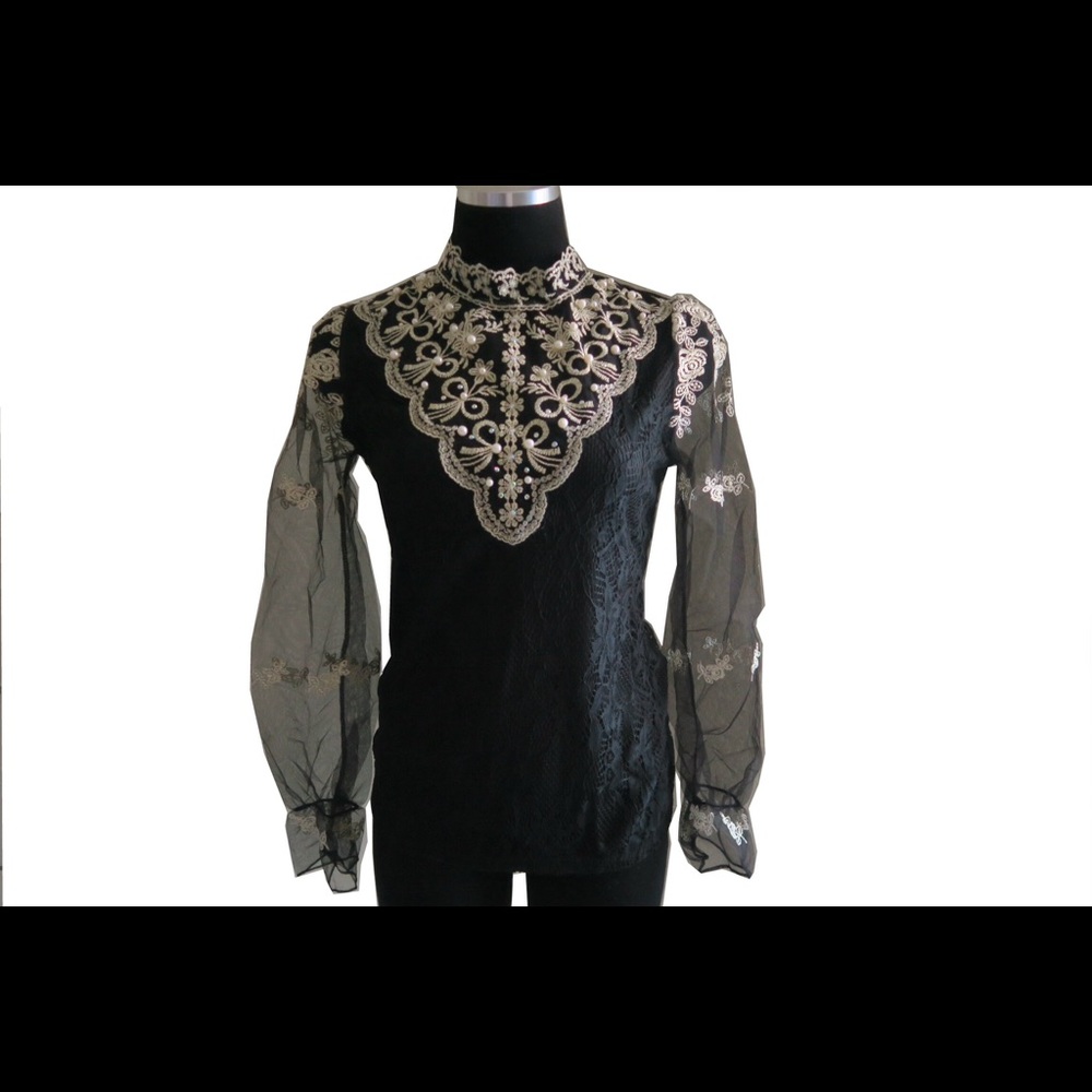 Detailed Embroidery Long Chiffon Sleeve Blouse