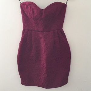 Deep red Asos strapless brocade dress