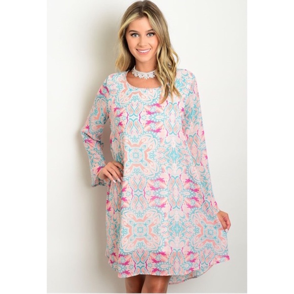 Peach & Teal Multi Pattern Key Hole Dress - Picture 2 of 3