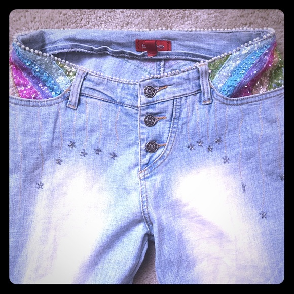 Bebe rainbow sequin beaded bling flare jeans 28 🌈