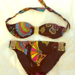 Trina Turk black/neon bandeau bikini metal accent