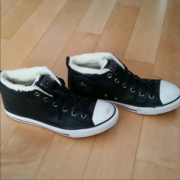 Black faux leather and fur high top converse