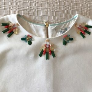 Boden jeweled neck elbow/ 3/4 sleeve white blouse.