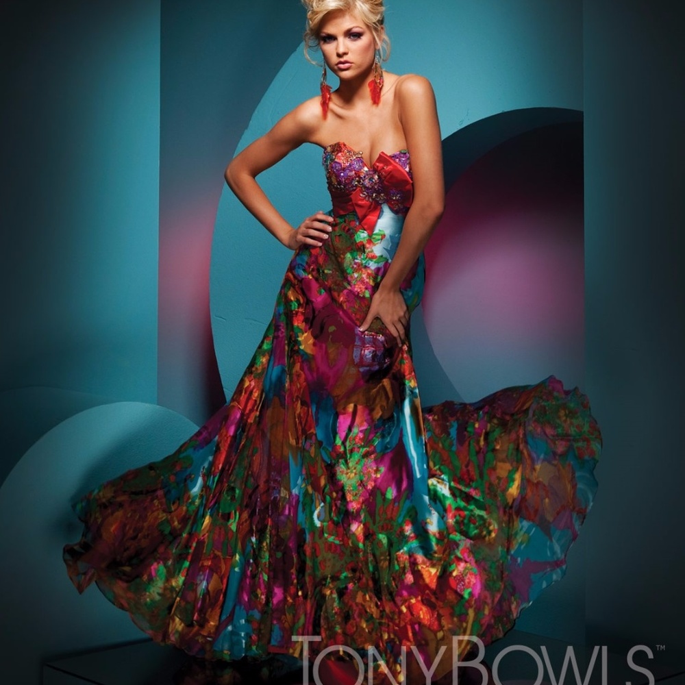 Vibrant Strapless Flared party dress by Tony Bowls