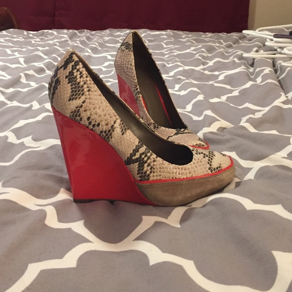 Tory Burch snake skin, suede and patent wedges