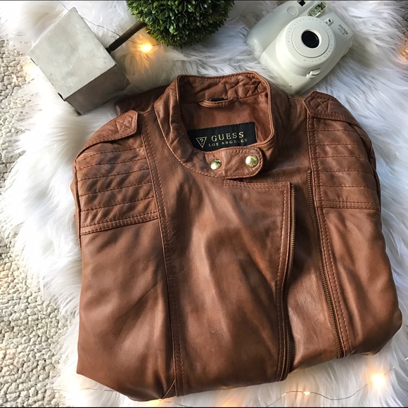 SOLD Guess Brown Leather Motto Jacket