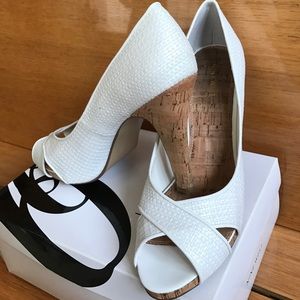 Nine West - White Woven + Cork Peep-Toe Heels