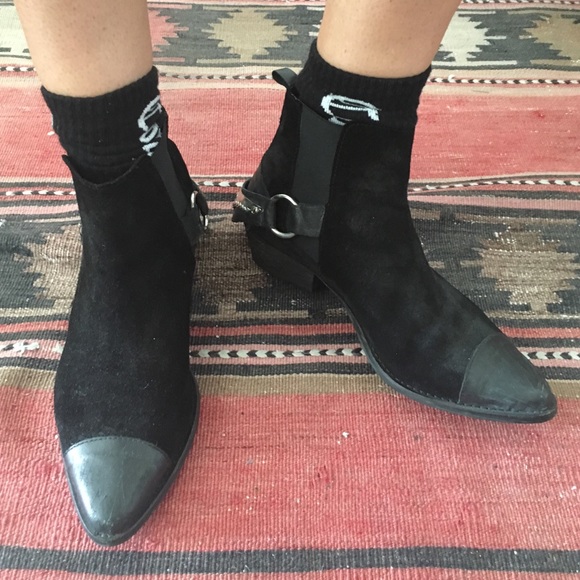 Black suede ankle boots w/ cowboy spur harness