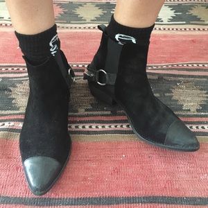 Black suede ankle boots w/ cowboy spur harness