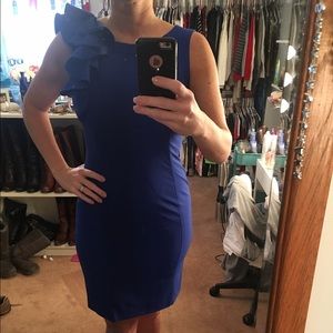 Calvin Klein cobalt blue sheath dress w ruffle