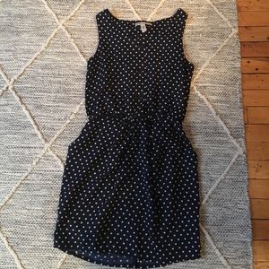 blue and white polka dot dress