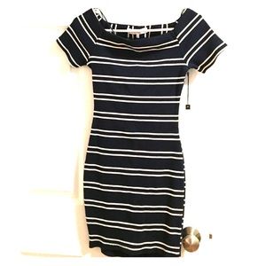 Off-the shoulder bodycon dress, blue-white, small