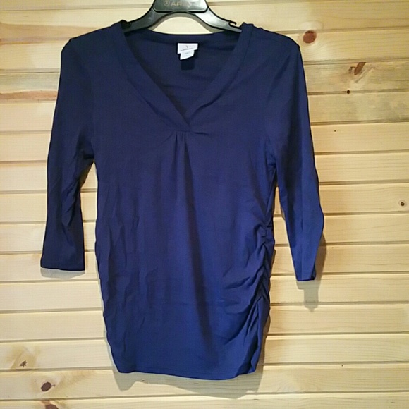 Motherhood Maternity 3/4 slv vneck T blue shirring