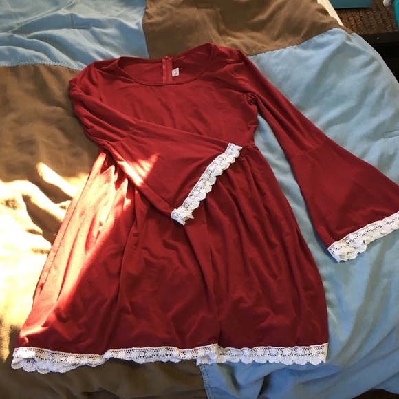 Burgundy Tunic Dress with Lace Bell Sleeves