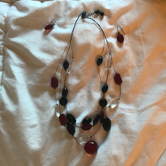 Red clear black beaded costume set with earrings