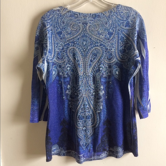 ONLY MINE Shiny Embellished Top 3/4 Sleeve Sz L - Picture 2 of 3