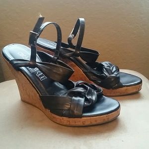 Black leather cute strappy wedge sandals