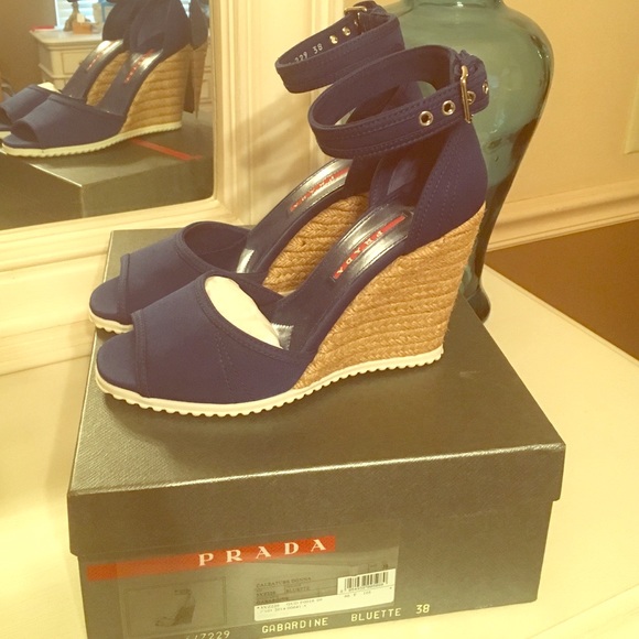 Prada Gabardine Blue Wedge Espadrilles 8 NIB