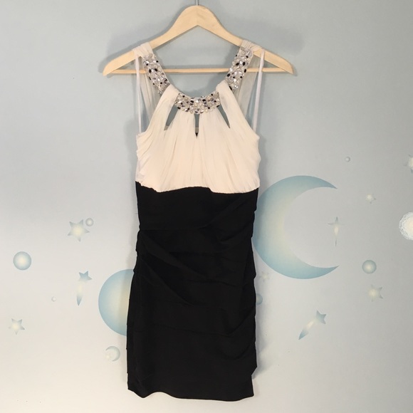 Gem Halter Topped Black and White Formal Dress