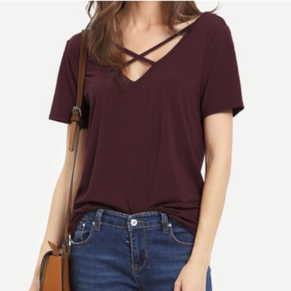 Boutique Tops - Burgundy Criss Cross Front Tee