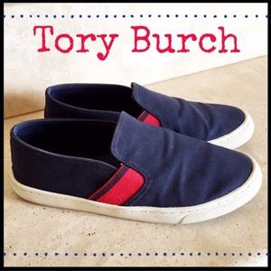 Tory Burch Navy Stripe Canvas Slip On Sneaker