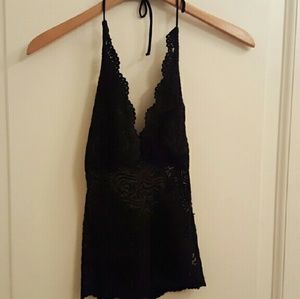 Bebe Floral Lace Sheer Bodice Halter Top