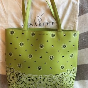 Lamarthe lime green bandana print tote.