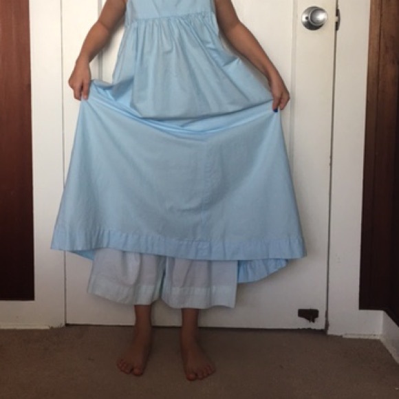 Homemade blue dress with bloomers.