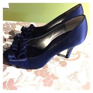 Navy blue open toed ruffle heels