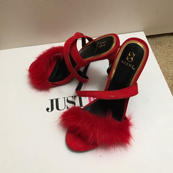 Red Just Fab heels with fur. - Picture 3 of 3