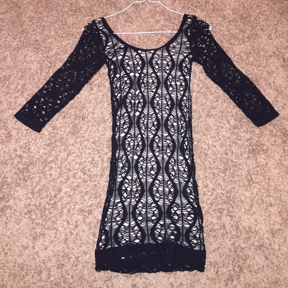 Stretch black dress with tan underlay
