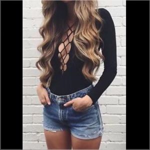 Black Lace up body suit